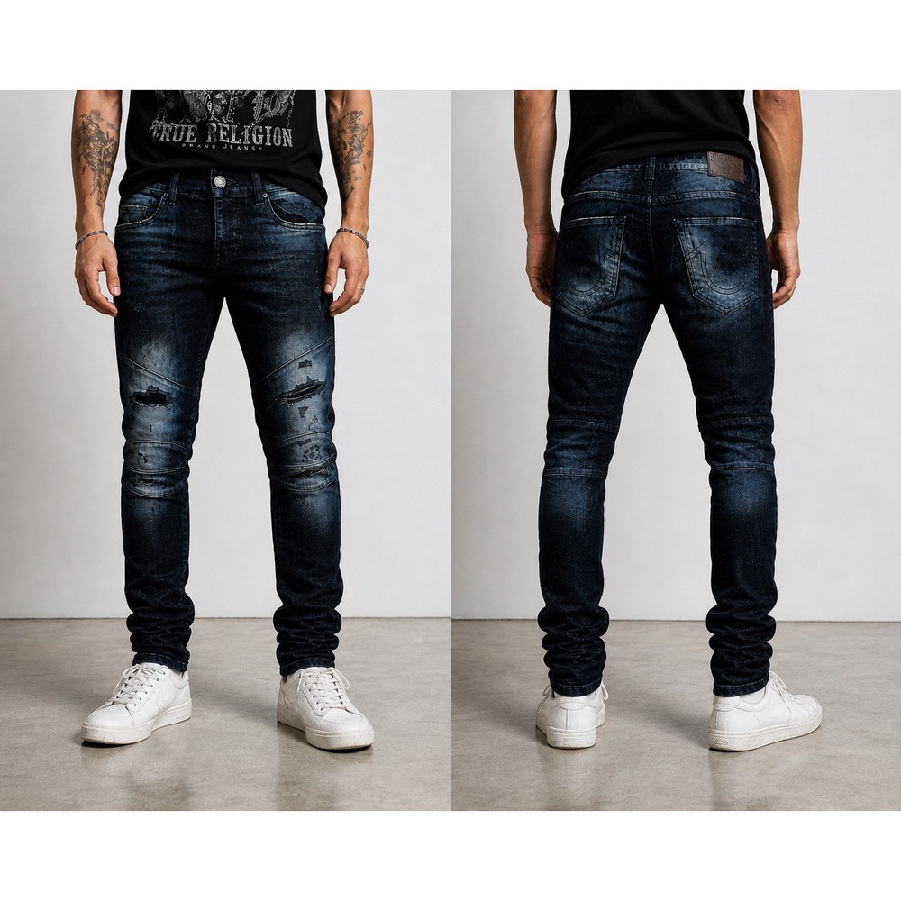 True Religion Rocco Moto Y2K Skinny Jeans Distressed Dark Wash  30 x 32 NWOT